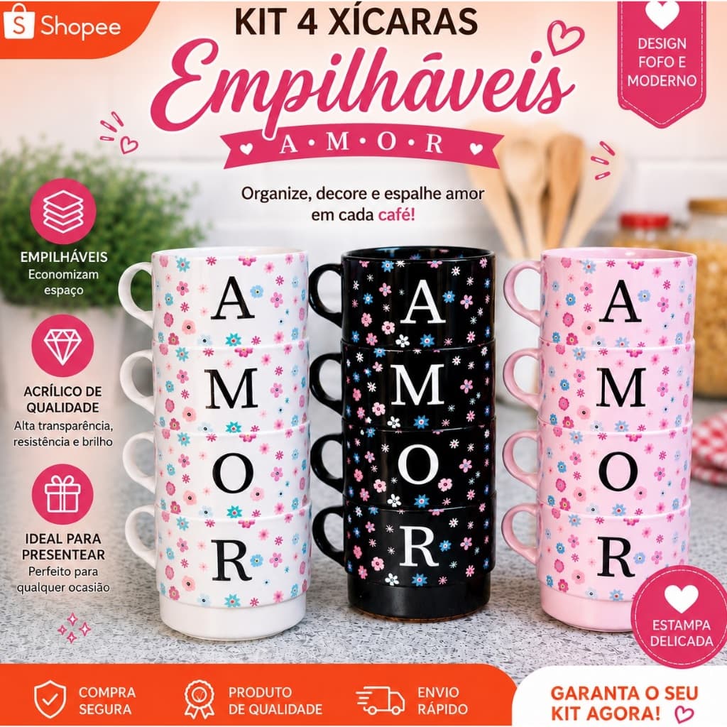 kit Jogo de Xícaras Acrílica Empilhável 4 peças 210 ml, decoração, casa, escritório, café, chá.