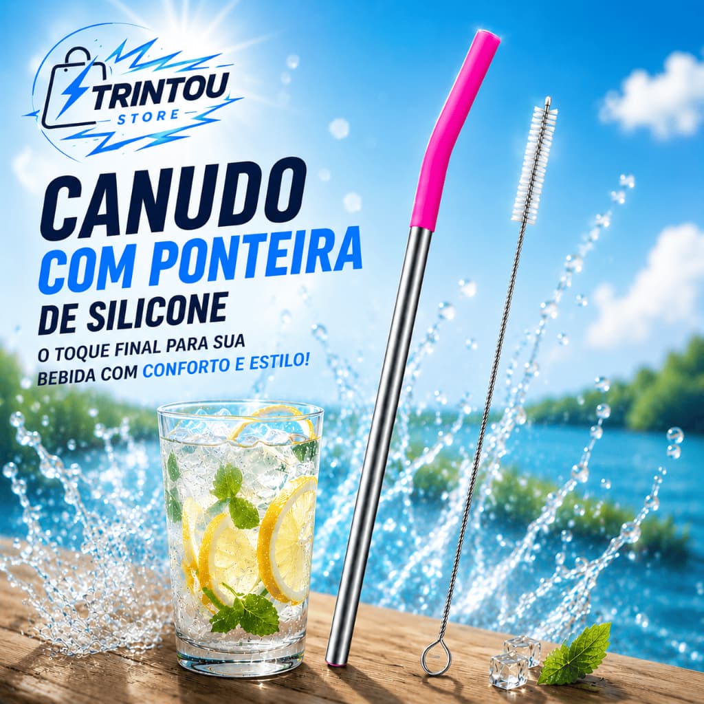 Reposição Canudo Inox p/ Copo Térmico 1200ml + Bico Silicone +  Escova limpa canudo