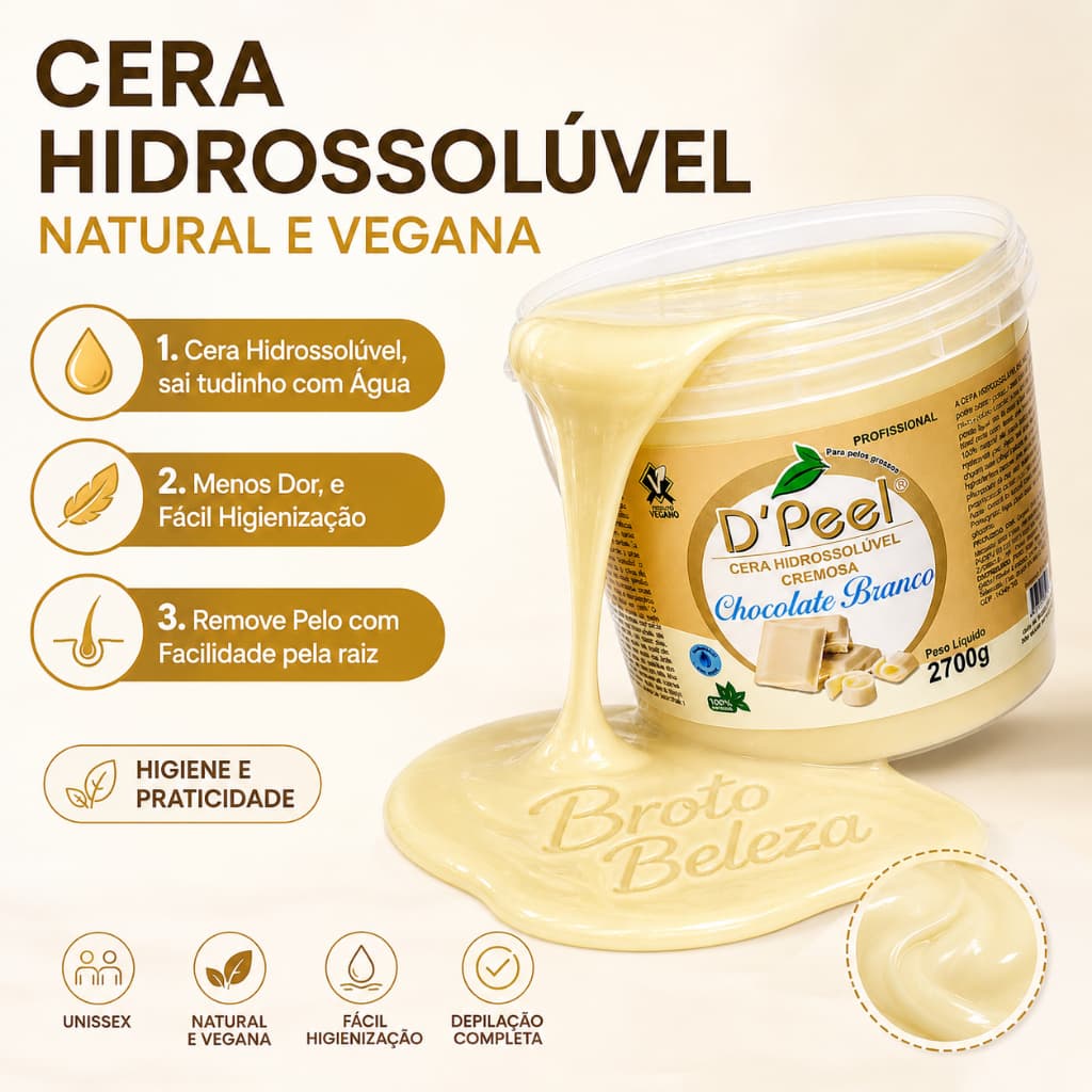 Cera Depilatória Natural e Vegana DPEEL Balde de 2,7kg Aquecer no Micro-ondas Chocolate Branco