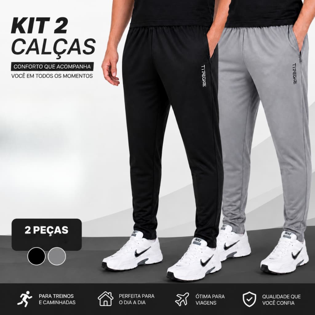 Kit 2 Calças Masculina Tactel Casual Treino Viagem Leve Premium Bolso zíper