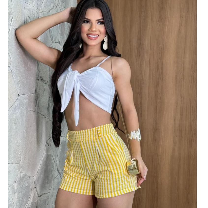 Short Feminino Crepe Forrado Listrado Cintura Alta Moda Blogueira Tam Único Promoção