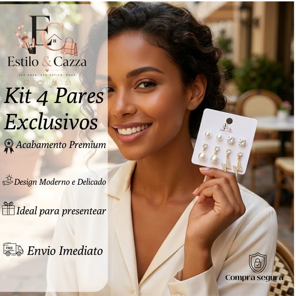 Kit 4 Pares de Brincos Femininos Delicados Pérola e Strass