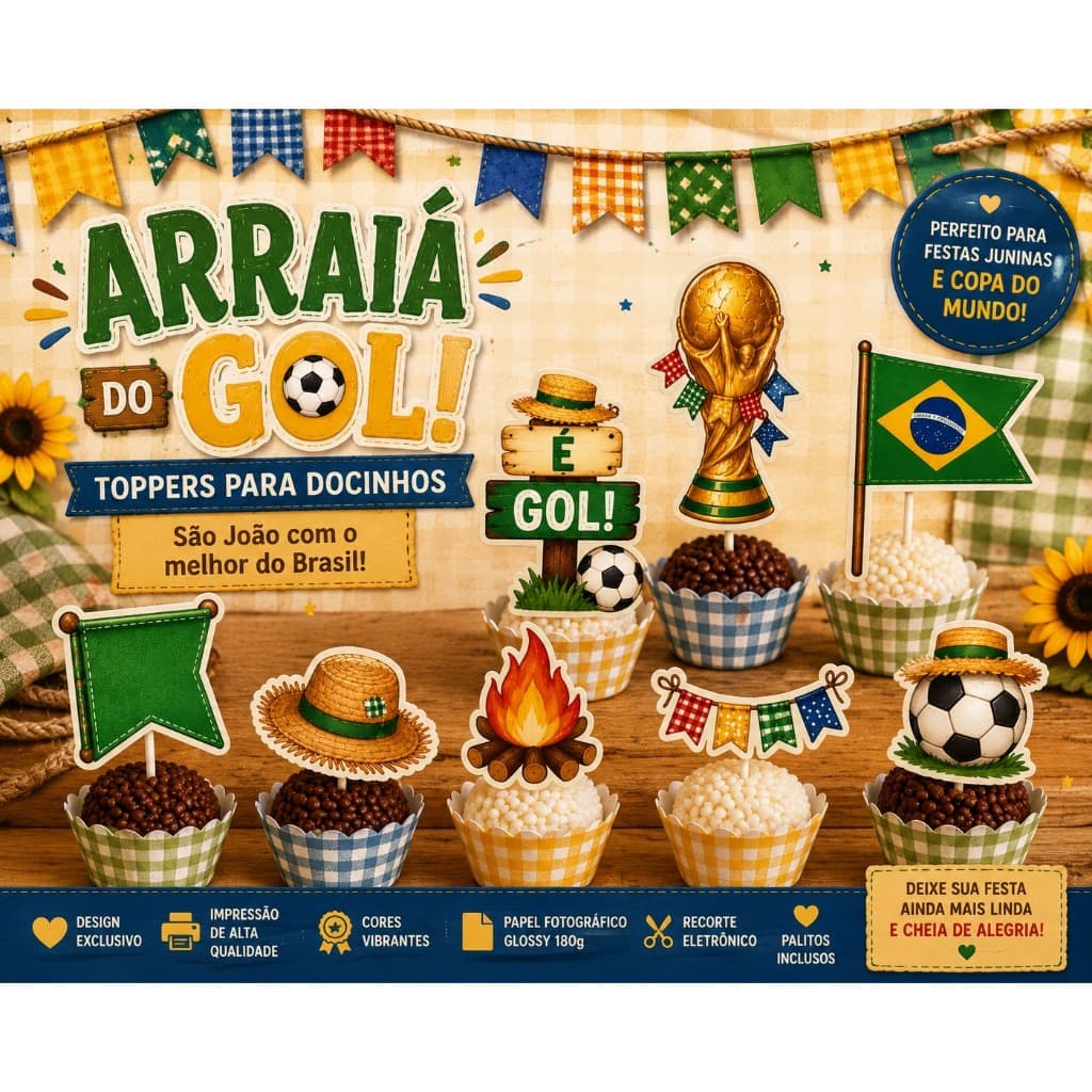 Topper Docinhos Arraiá Copa do Mundo Brasil Topper Festa Junina Futebol 50un