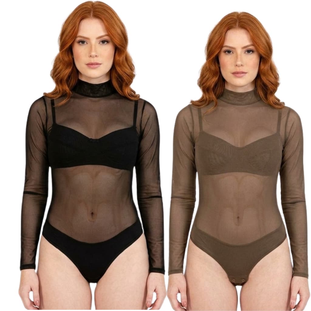 Body de Tule Transparente Manga Longa Feminino Gola Alta Segunda Pele