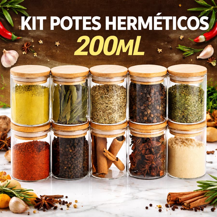 Kit Potes Hermético 200ml Mantimentos Vidro Tampa De Bambu