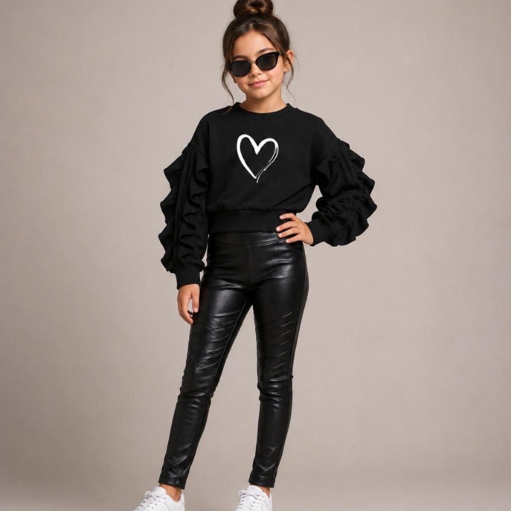 Conjunto Juvenil Feminino Moda Blogueirinha Infantil Inverno Blusa Detalhes Babado Coração e Calça Cirrê Montaria Menina