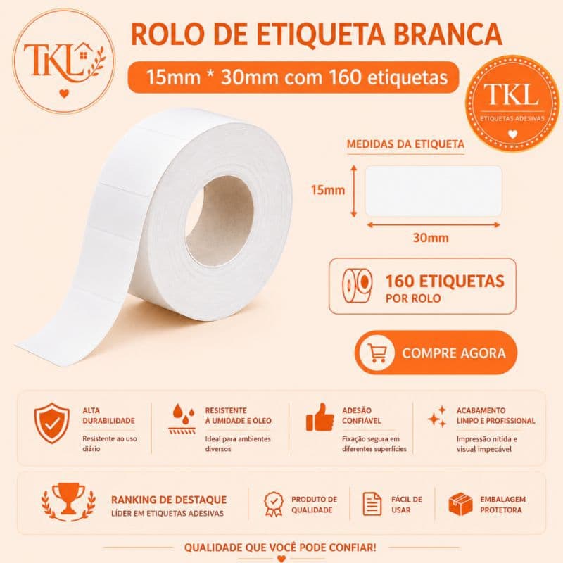 Rolo de Papel Etiqueta Bobina p/ Impressora Térmica Portátil 15*30mm Branca ( NÃO COMPATÍVEL COM NIIMBOT )