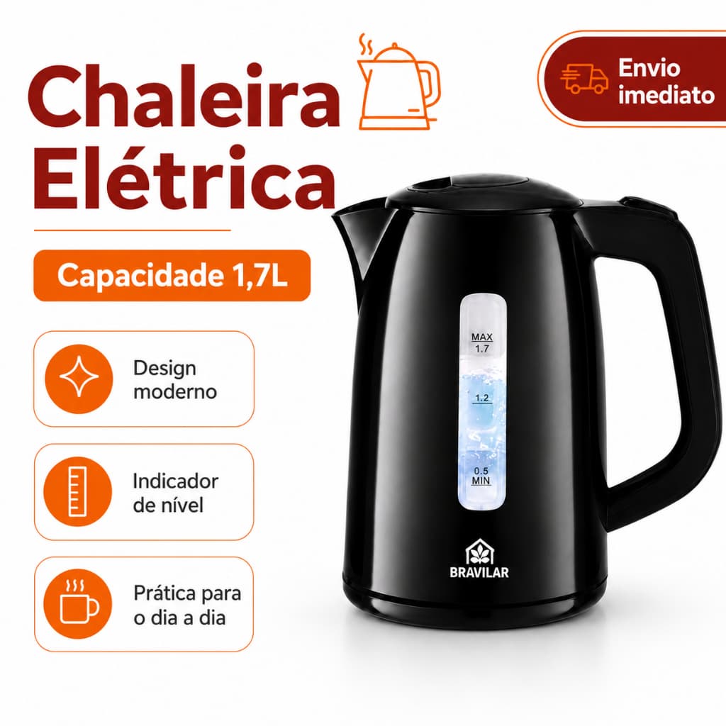 Chaleira Elétrica 1,7L 1100W 127V Com Desligamento Automático Base 360 Indicador De Água