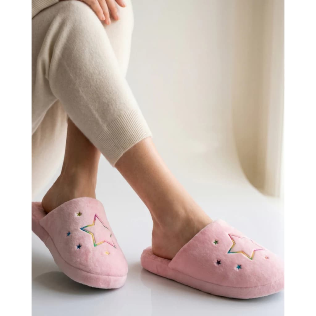 Pantufa Feminina Rosa Estrelinha Lã Premium Solado Grosso Borracha Antiderrapante Quentinha Top
