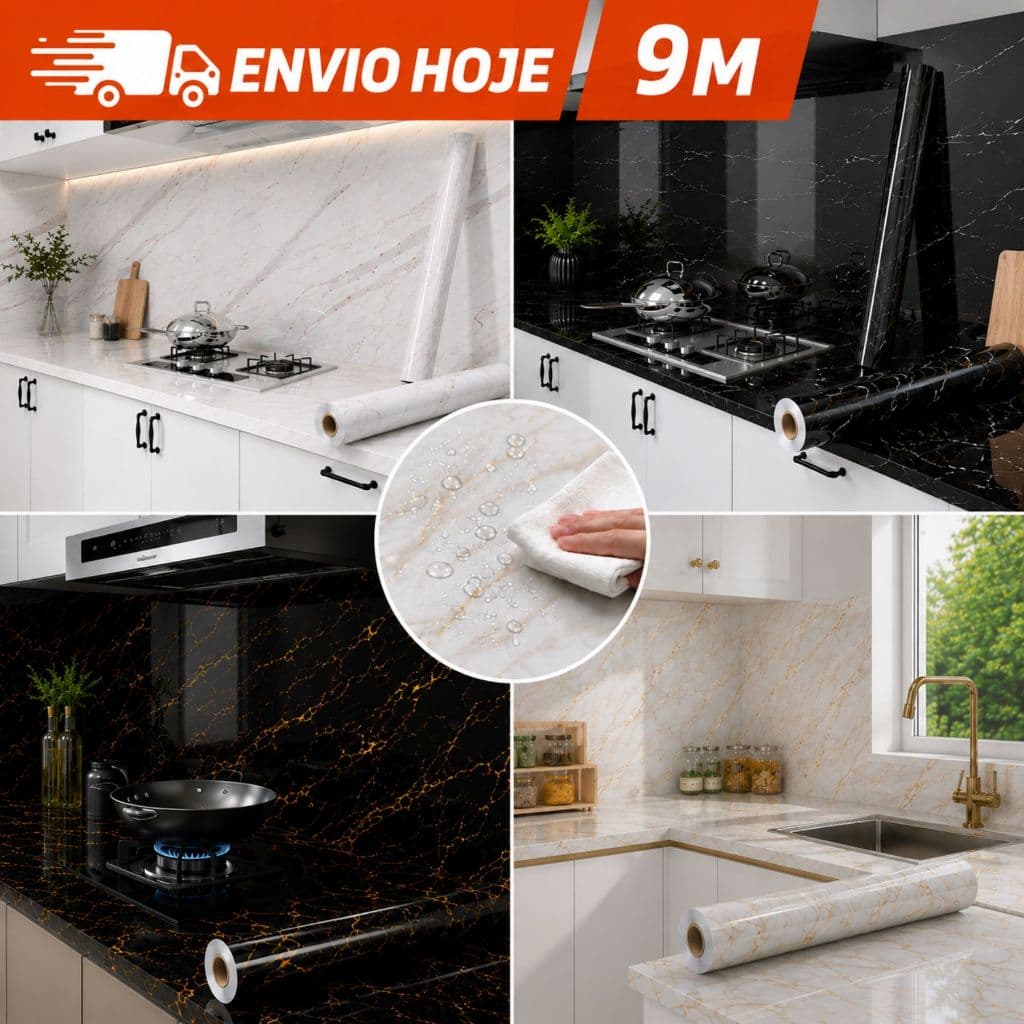 Papel De Parede Adesivo Mármore Branco Preto Dourado Lavável Cozinha Banheiro Box Brilhoso
