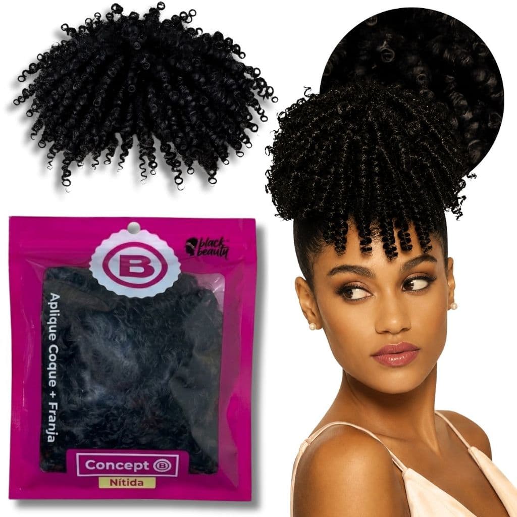 Cabelo Coque Afro com Franja Cacheado Black Puff Fibra Orgânica Cachos