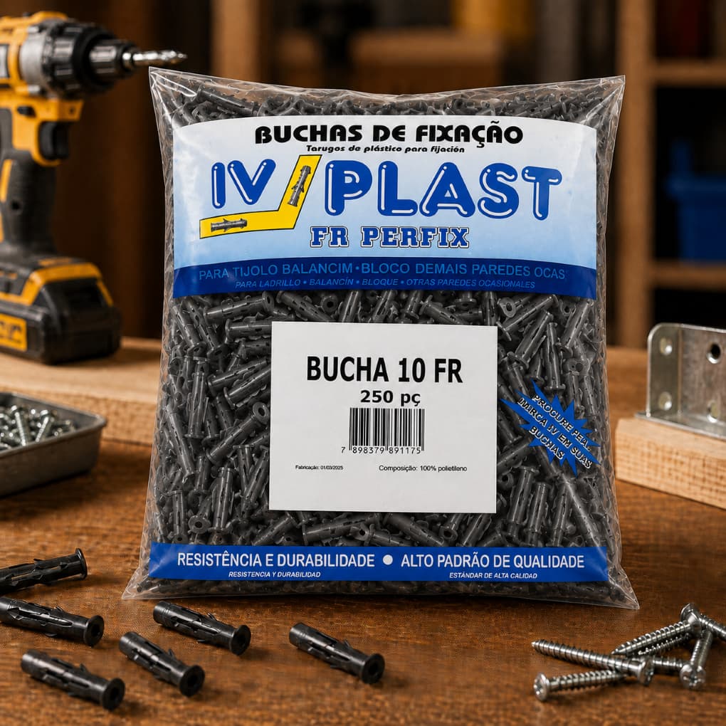 Bucha 10 FR Tijolo Oco Bloco Baiano Pacote 250 Peças - IV PLAST Alta Resistencia
