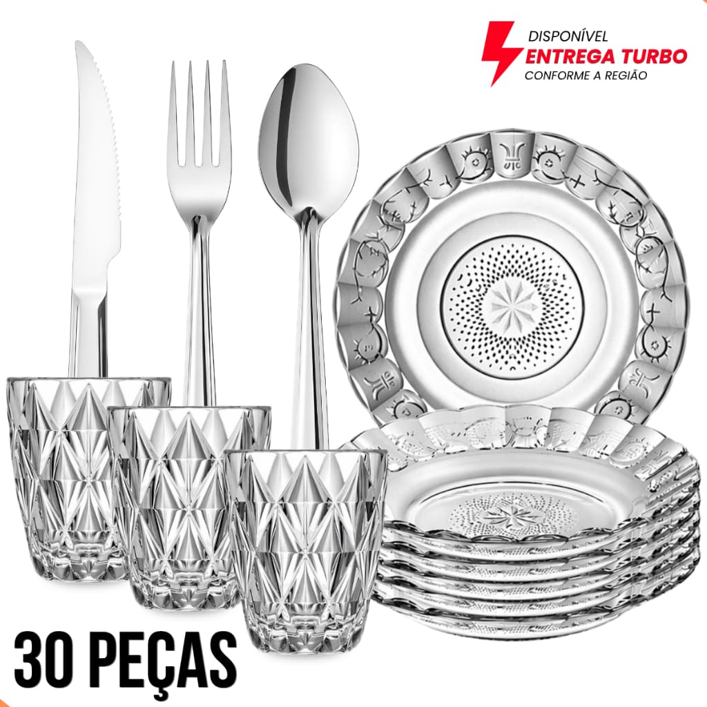 Kit Jantar 30 Peças Pratos Estrela Copos Diamond 300ml Talheres Inox Completo Elegante Luxo