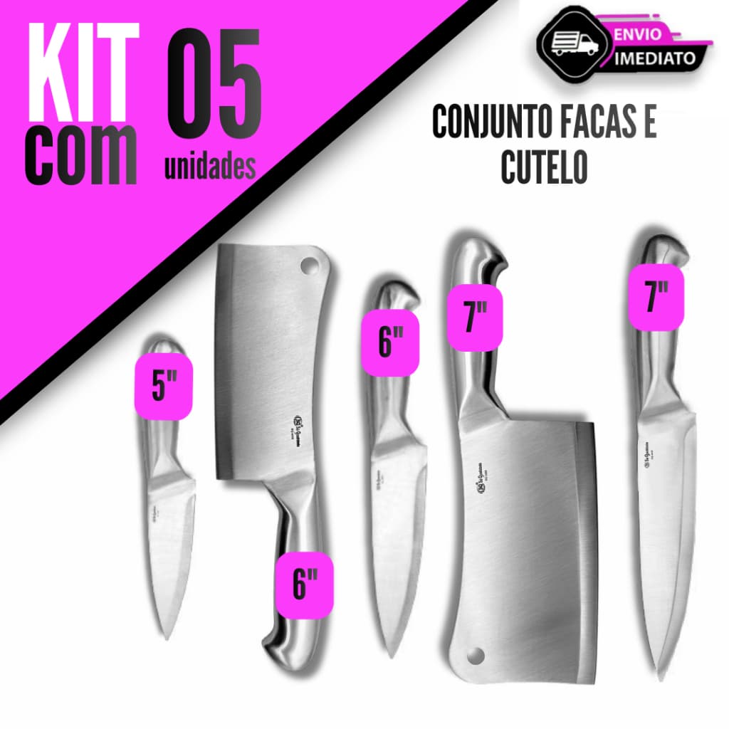 Kit Facas 5" 6" 7" Chef e Cutelo 6" 7" Inox Multiuso para Cozinha Churrasco e Açougue