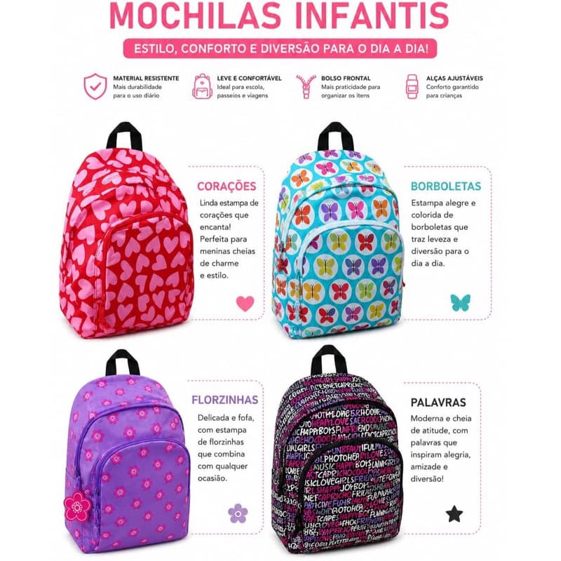 Mochila Infantil Escolar Estampada Leve Resistente Leve e Confortável