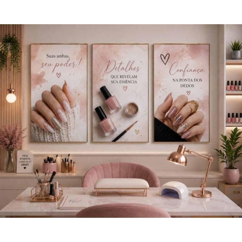 Kit quadro decorativo 3 peças unhas decoradas manicure nail designer beleza salão estética