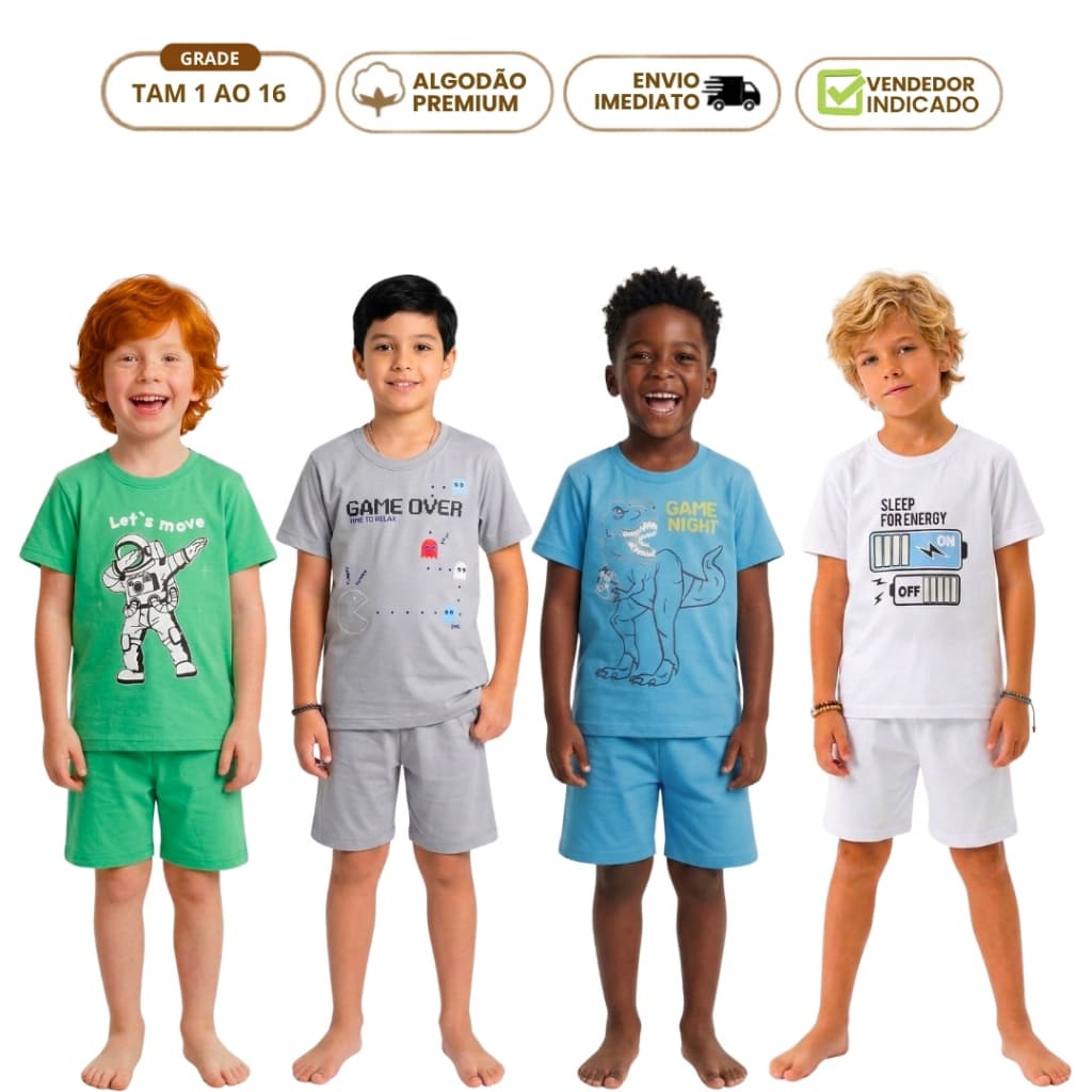 Kit 8 Peças Pijama Menino Verão 4 Camiseta Infantil 4 Short Masculino Algodão Conj Infantis 1 ao 16