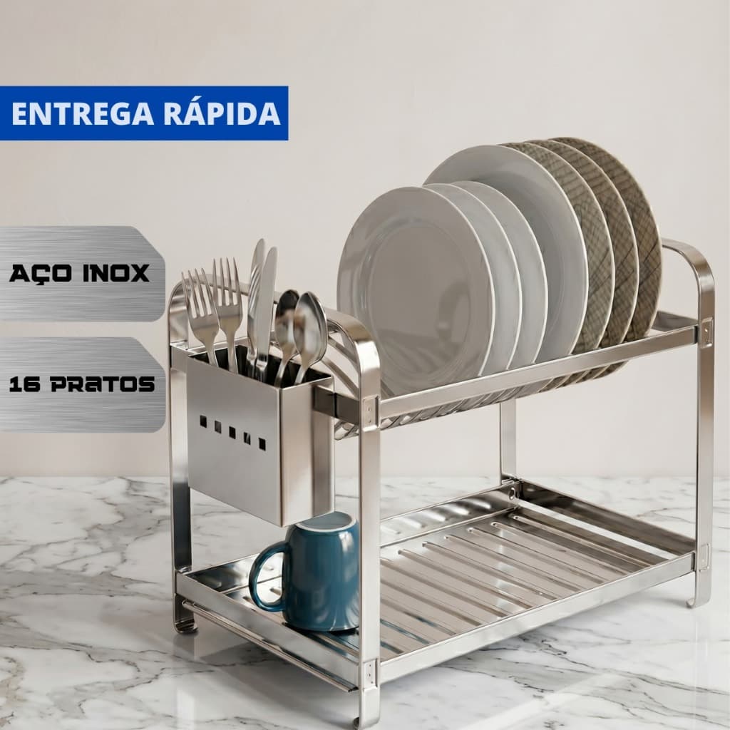 Escorredor de Louças em Inox 2 Andares Capacidade para 16 Pratos com Suporte Removível de Talheres