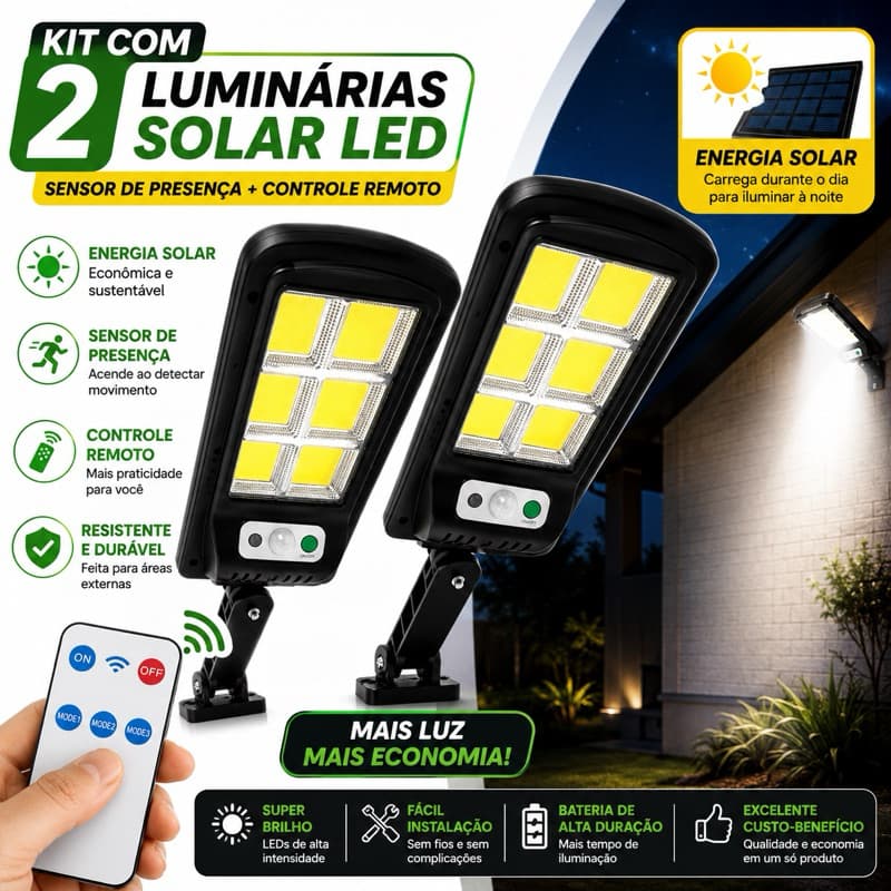 Kit 2 Refletor Solar LED 300W  Sensor de Presença + Controle Sem Fio Prova D’Água IP66 LKY0034