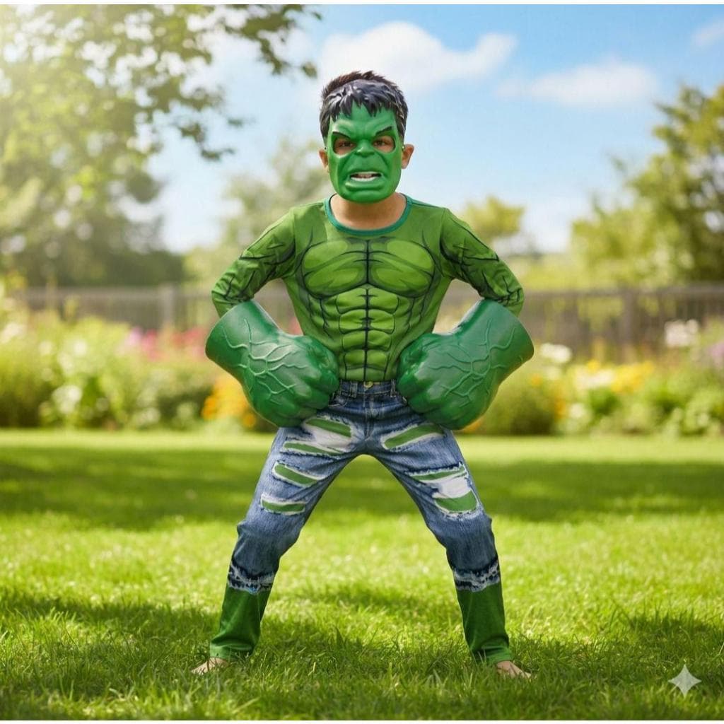 Fantasia Infantil Herói Hulk Longa Com Enchimento Mascara E 2 Luvas Menino Festa