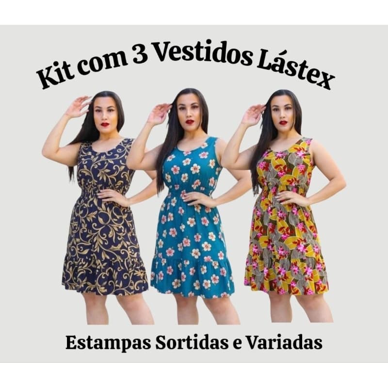 Kit 3 Vestidos Regatinha Com Lástex Na Cintura Liganete Soltinho Estampas Sortidas