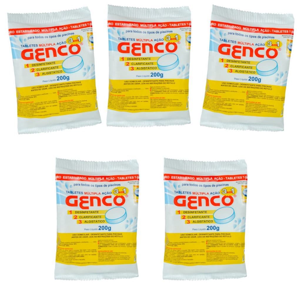 Kit 5 Pastilhas Cloro Genco 3 em 1 Múltipla Ação T200 200g