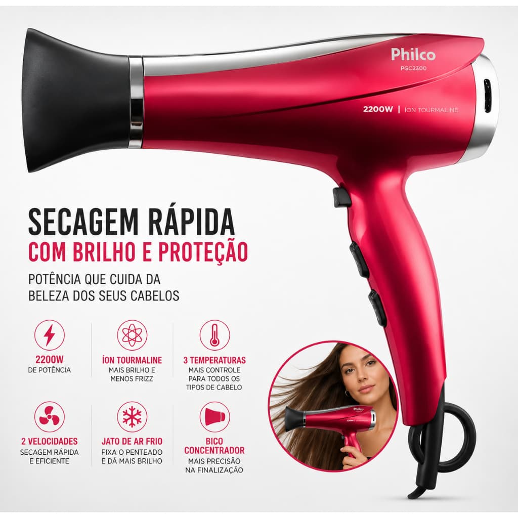 Secador Philco 2200W Íon Tourmaline Profissional – Secagem Ultra Rápida, Menos Frizz e Brilho de Salão