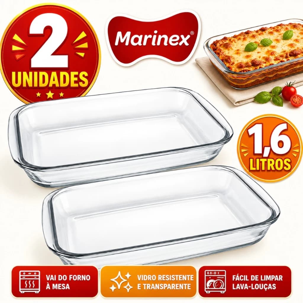 Kit 2 Lasanheiras Marinex Assadeira 1,6L retângular Travessa Cozinha Refratária de Vidro
