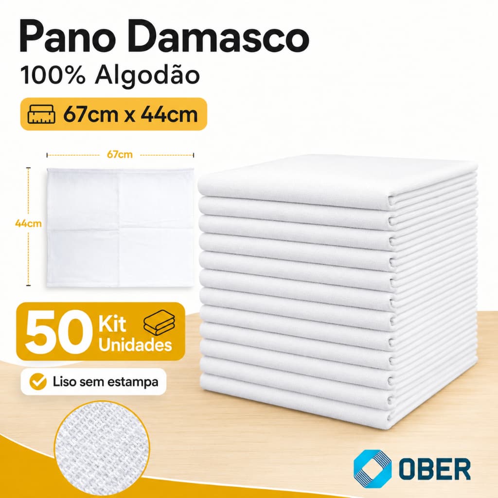 50 Panos de Prato Damasco Ober Liso 100% Algodão 67 cm x 44 cm com Bainha para Artesanato e Pintura