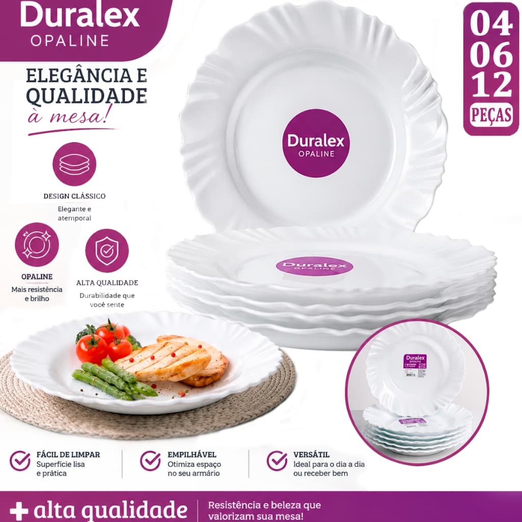 Kit jogo 12/06/04 Pratos Fundo Branco Opaline Duralex Vidro Pétala nadir Circular Brilhante Jantar e Almoço Buffet