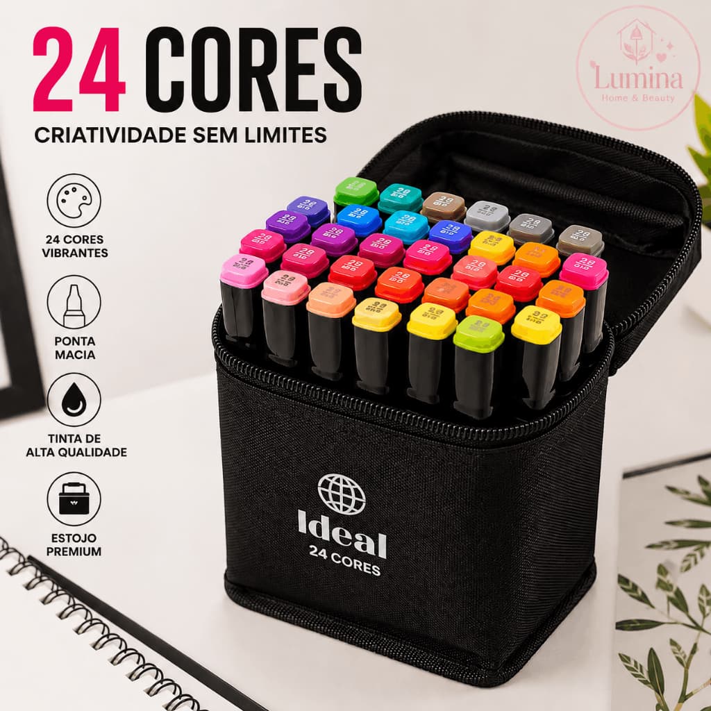 Kit Estojo com 24/36 ou 48un Canetas de Colorir Hidrográficas Ideal