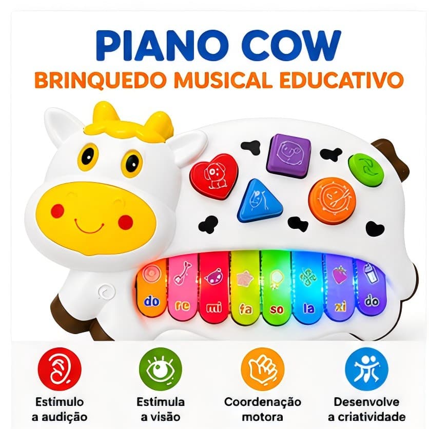 Piano Infantil Musical Vaquinha com Luz e Som Brinquedo Educativo Bebê Criança