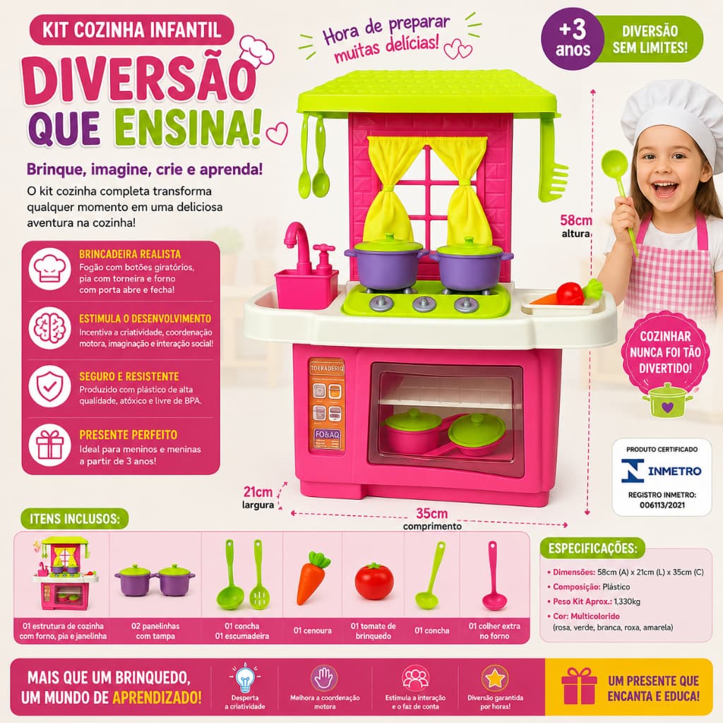 Kit Cozinha Infantil Brinquedo Forno Pia Fogao Acessorios Completo Educativo