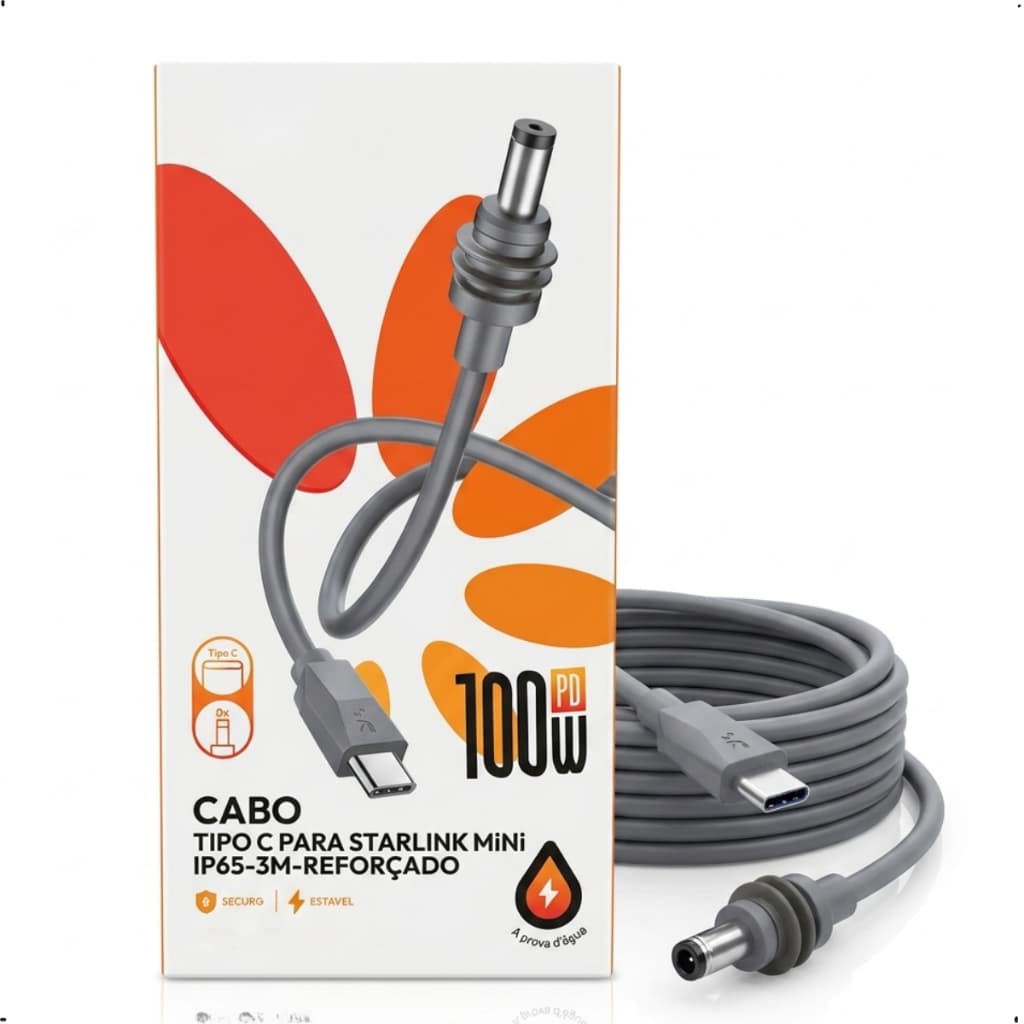 Cabo Tipo C Para Antena Starlink Mini 3 Metros Reforcado Prova Dagua IP65 Suporta 100W PD Estavel