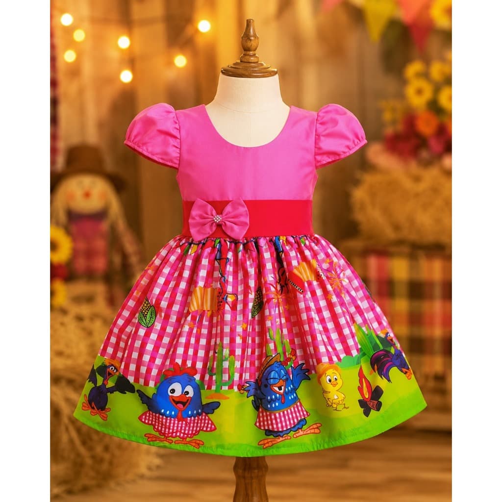 Vestido Menina Infantil Festa Junina Arraia Galinha Pintadinha Rosa (ac)