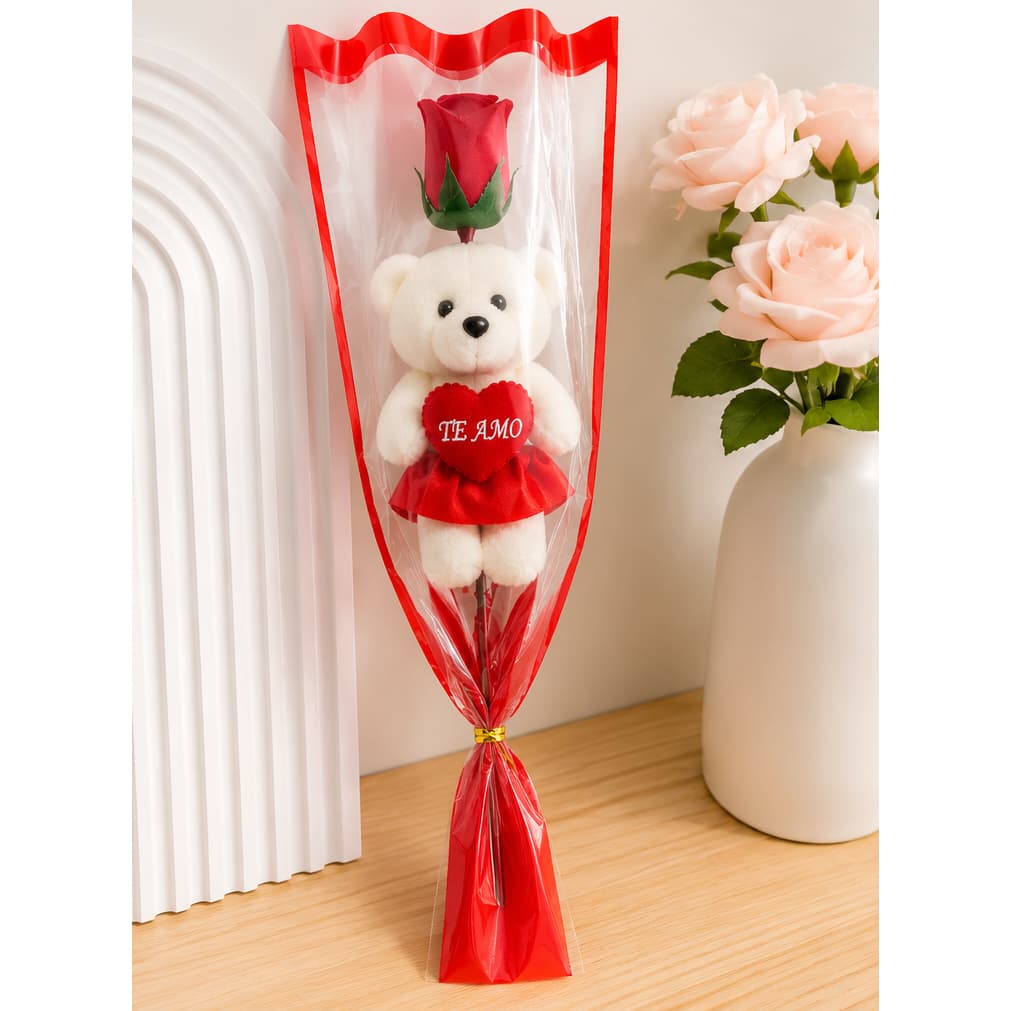 Rosa Artificial Decorativa com Ursinho Pelúcia Te Amo – Presente Romântico Kit 1 2 4 6 Unidades