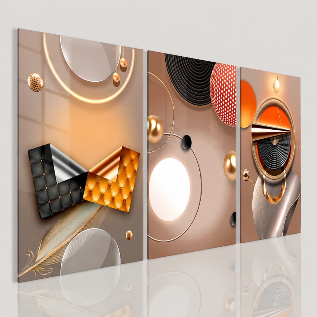 Kit 3 Quadros Moderno Abstrato Ouro e Terracota Luxo Geométrico Mosaico Parede Decorativo Premium
