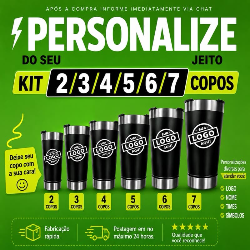 Kit 2/3/4/5/6 Copo Térmico Personalizado 473ml em Aço Inox – Nome, Logo, Time