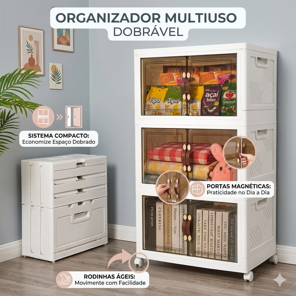 Organizador Multiuso Dobrável 3/5 Níveis com Rodinhas e Portas Magnéticas - Armário Moderno e Prático p/ Casa