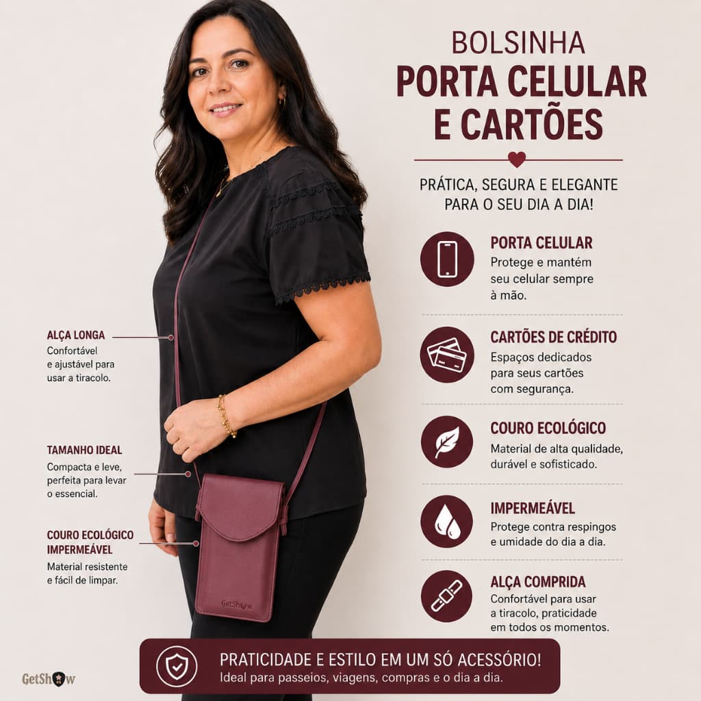 Bolsa Pequena Couro Ecológico Transversal  Com Botao Magnético Para Celular Cartão cnh Documentos