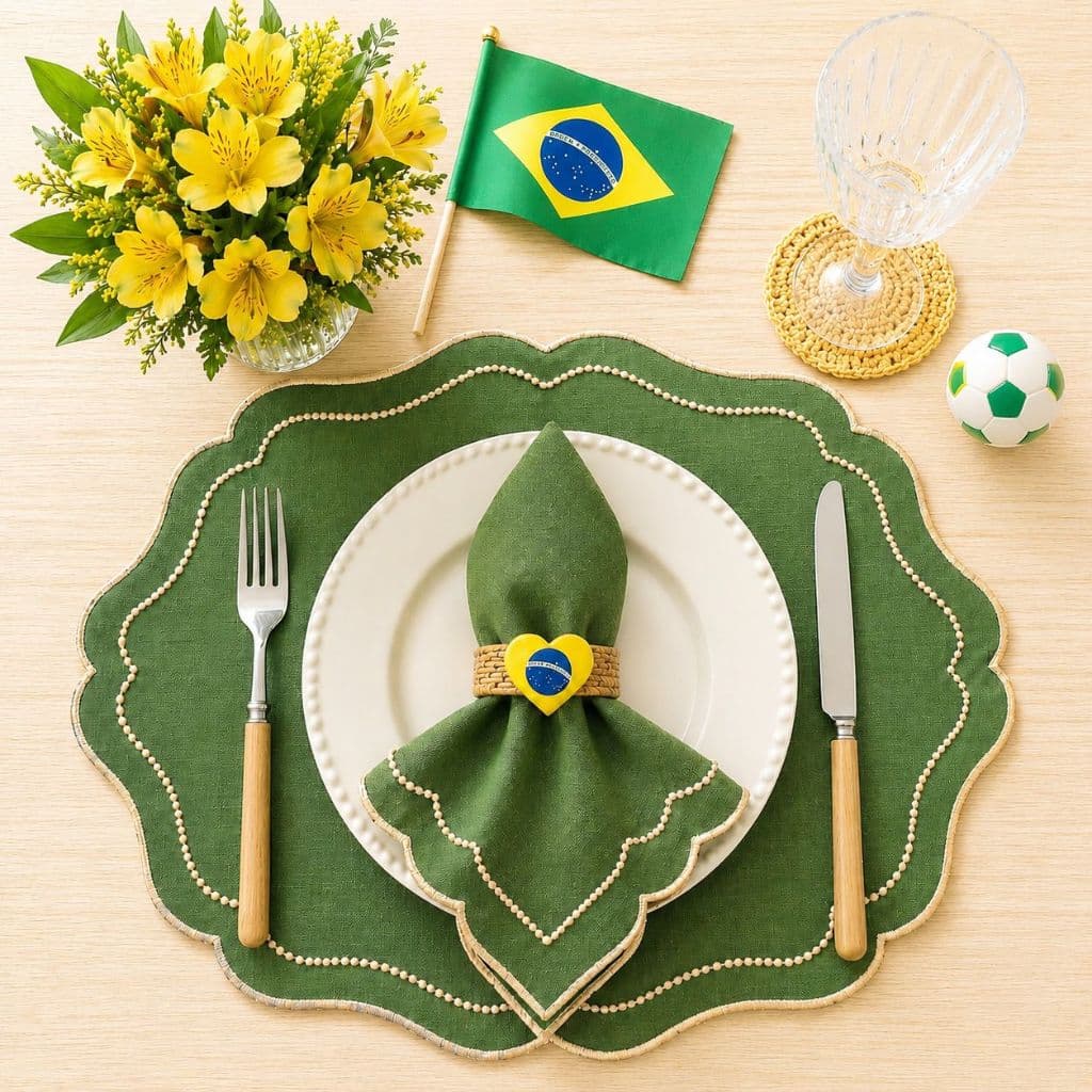 8 Pçs (4 Jgos) Jogo Americano Bordado Verde Musgo com Dourado Com Guardanapo