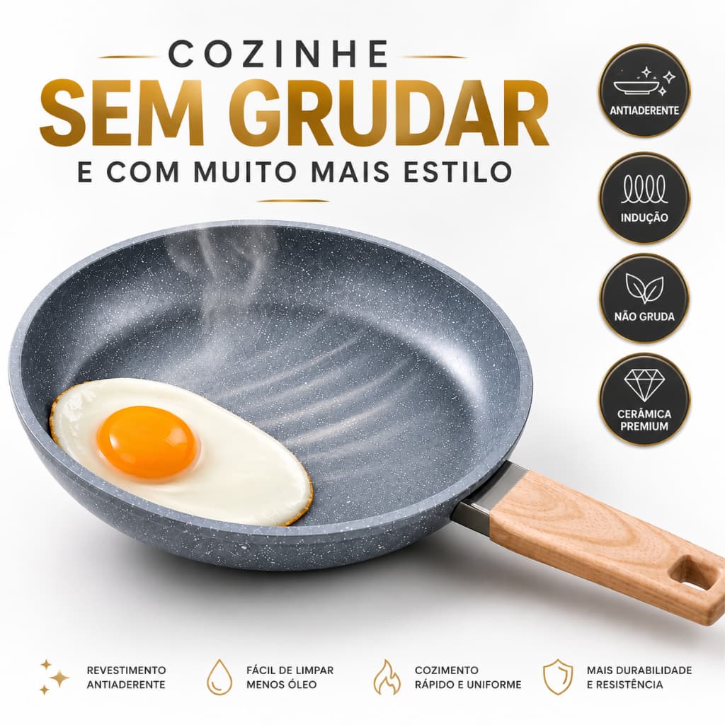 Frigideira Compacta 20cm Alumínio Revestimento Cerâmica Antiaderente Cabo Madeira Todos Fogões Cinza
