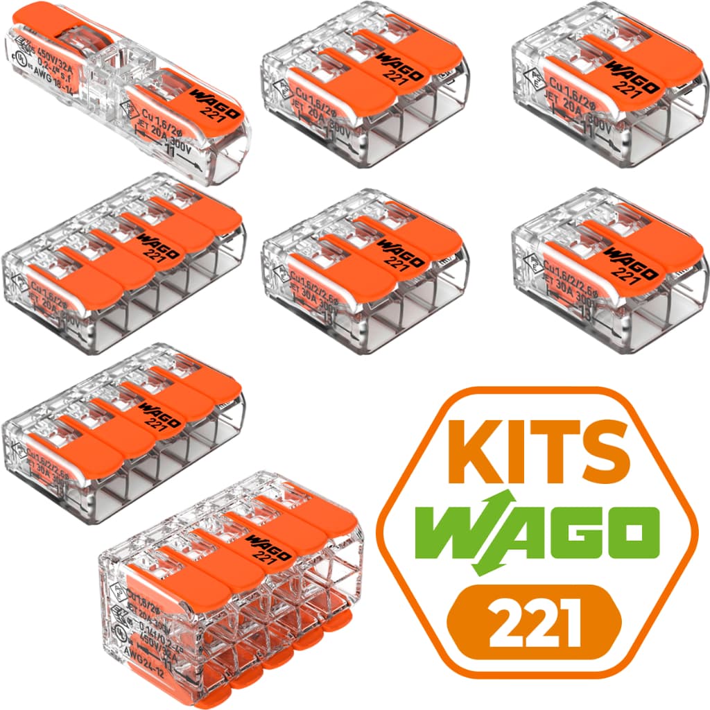 Conector de Fio Elétrico 221 Wago Emenda 1, 2, 3, 5 e 10 vias 32/41A 4mm² e 6mm² Kits Variados