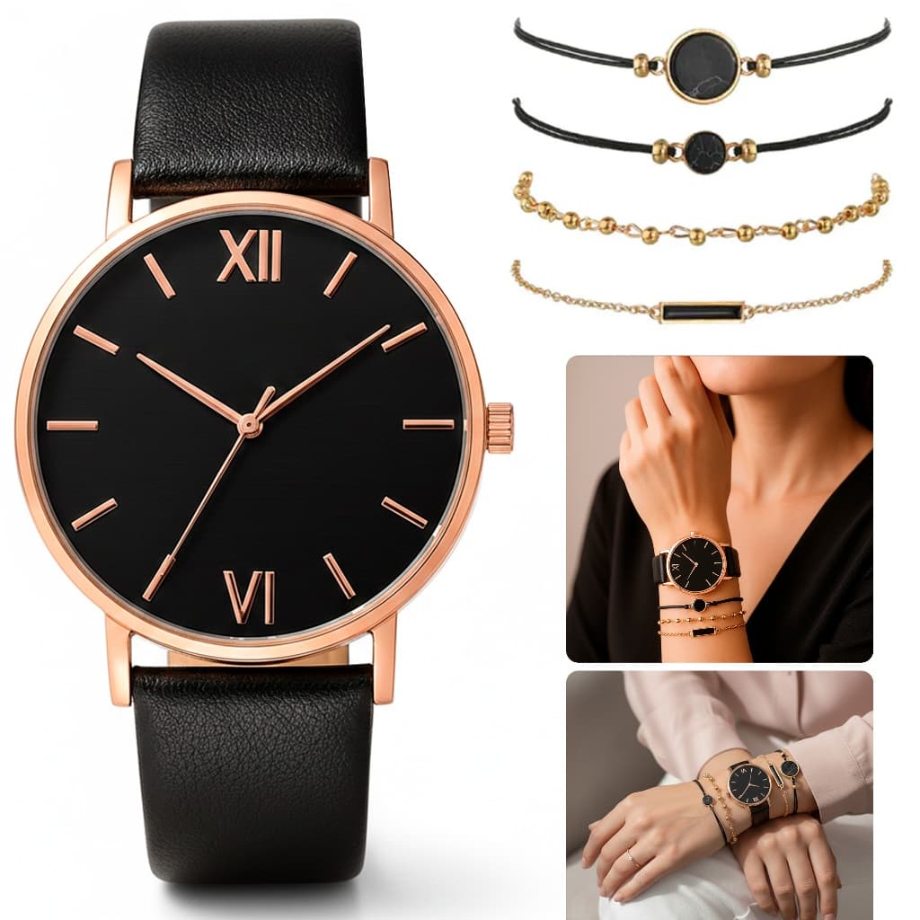 Kit Relógio Feminino Dourado + 4 Joias Pulseira Couro Quartzo Analógico Presente Elegante Casual Luxo