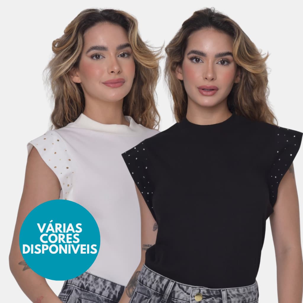Kit 2 Camisetas Muscle Tee com Strass no Ombro Regata Ampla Ombreira T-Shirt Feminina