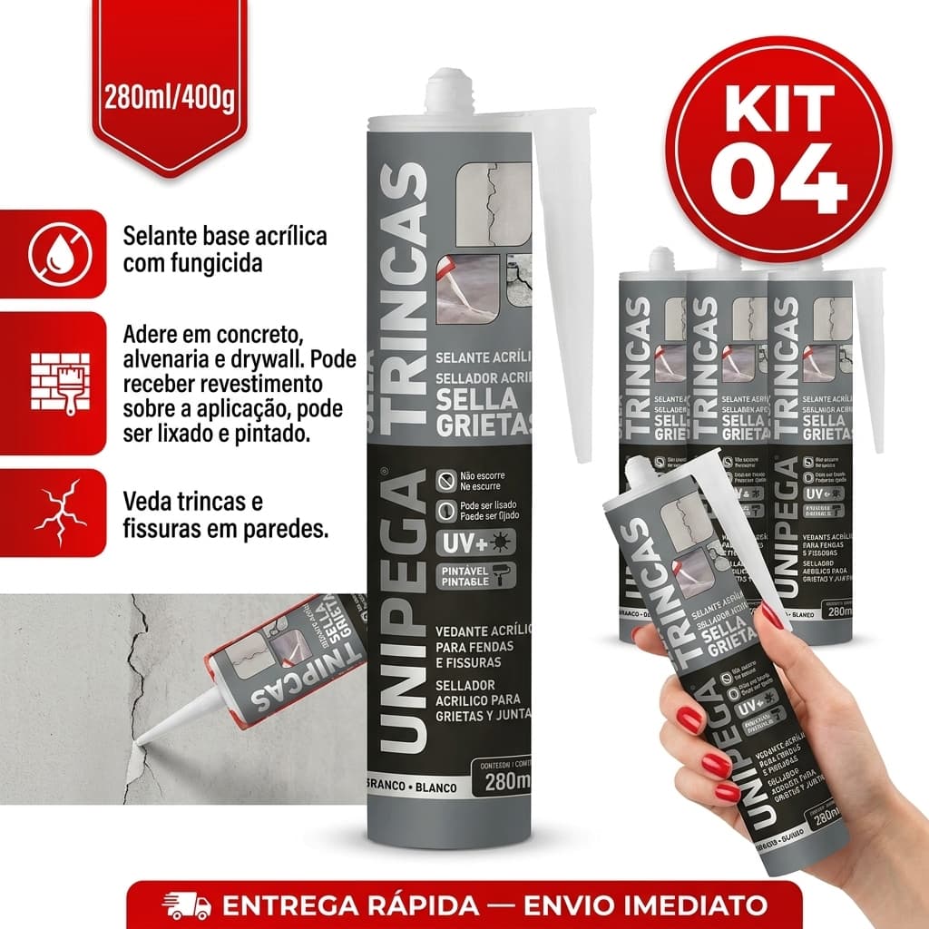Kit Jogo 4 Sela Trincas Selante Acrilico Adesivo 280ml Unipega Branco Veda Parede Rachaduras Trinca