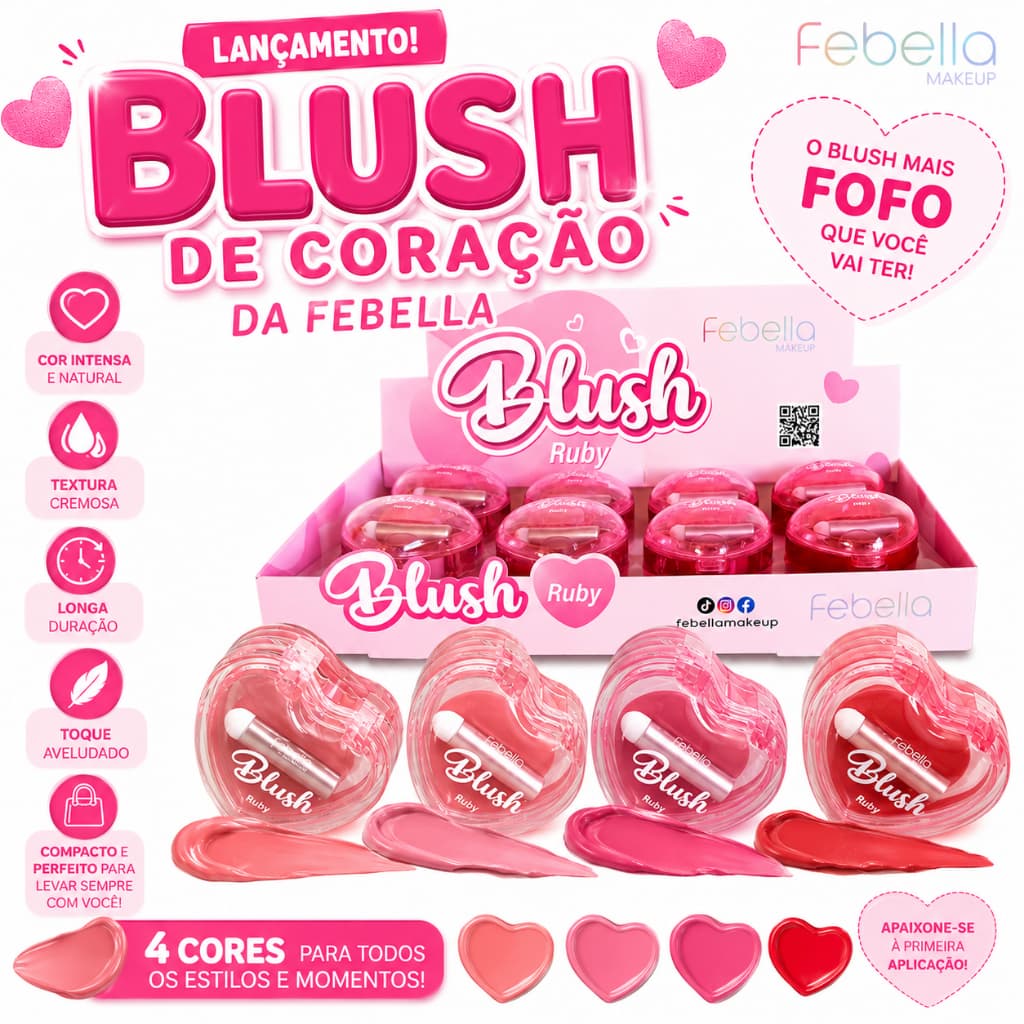 Blush Cremoso Coração Febella Carimbo Ruby Rosa Natural Compacto Longa Duração Makeup Viral