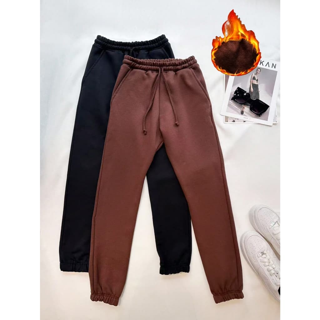 kit 2pcs Calça moletom Algodao feminina Jogger Flanelado Cintura Alta com elástico bolso inverno