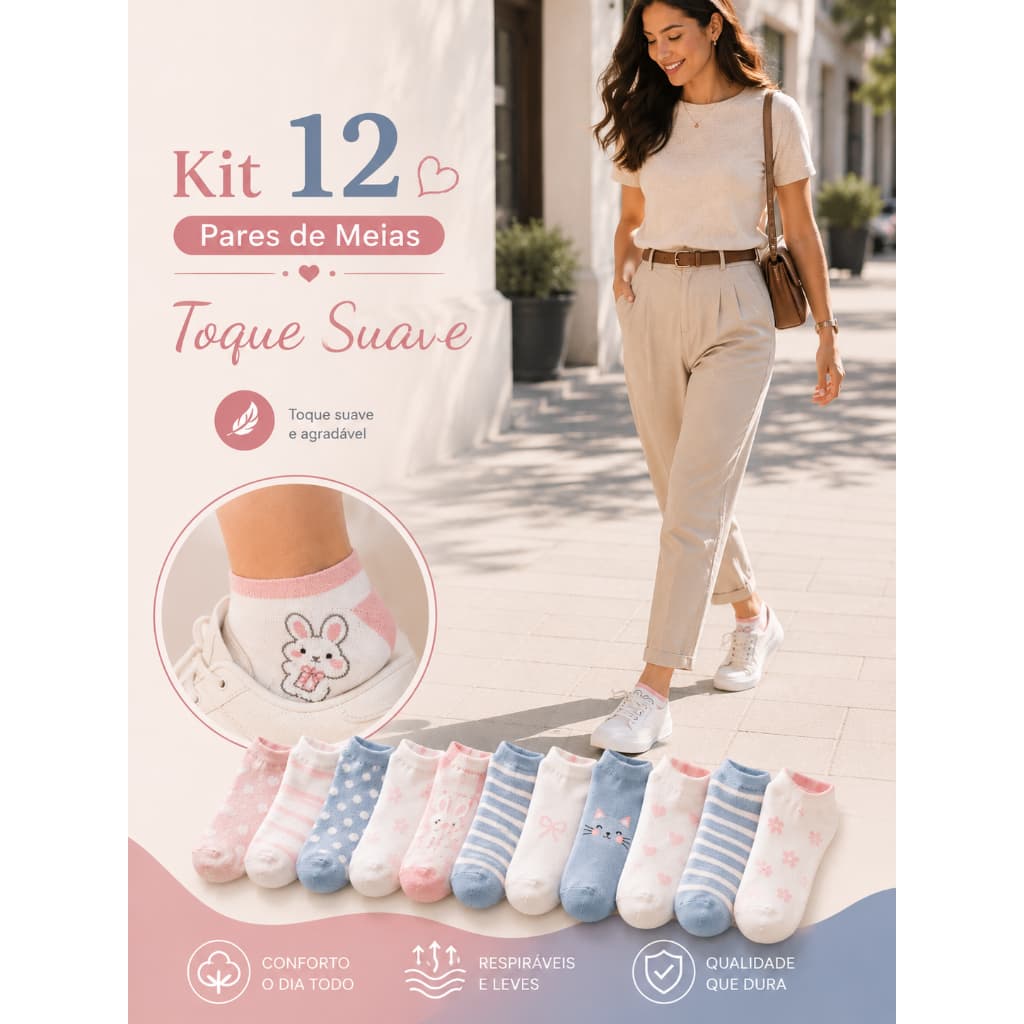 Kit 12 Pares Meias Femininas Conforto Premium Cano Curto 34-40