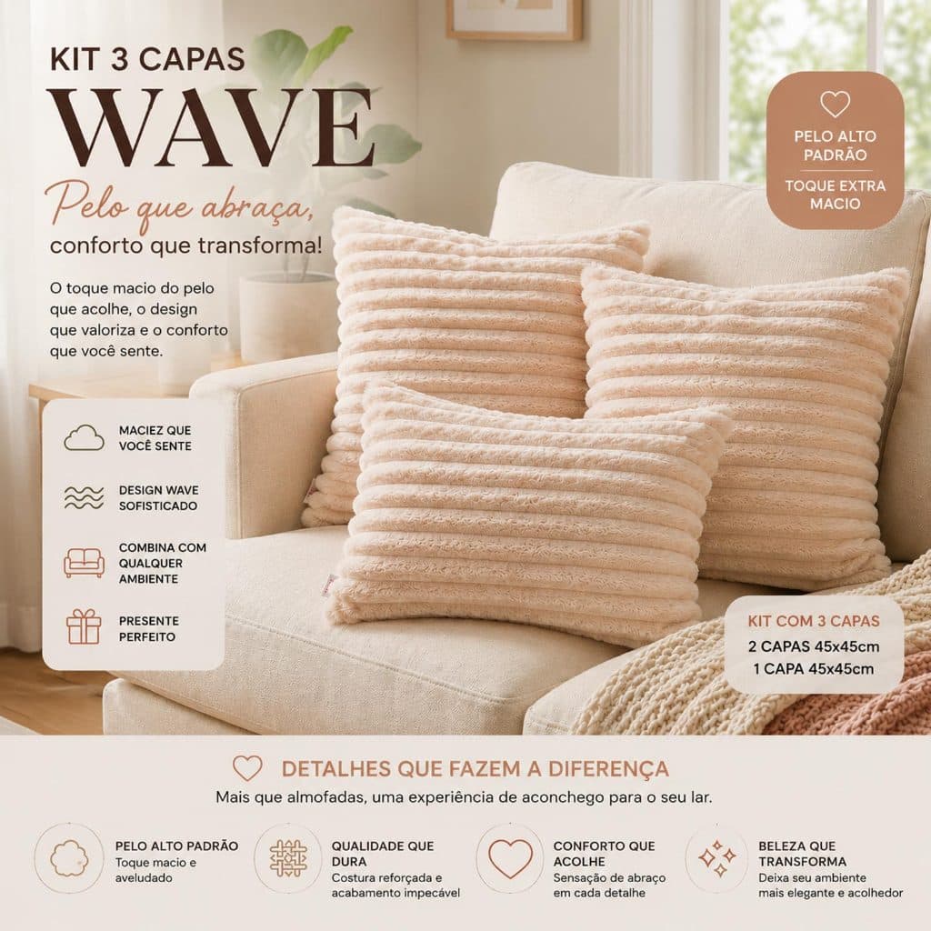 Kit 3 Almofadas Luxo Decorativas Soft Wave Decoração Sofá Quarto Sala 45x45